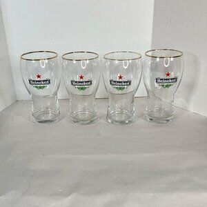 Heineken Beer Glasses Set of 4 Vintage Gold Rim red star tulip Half-Pint (10 oz)